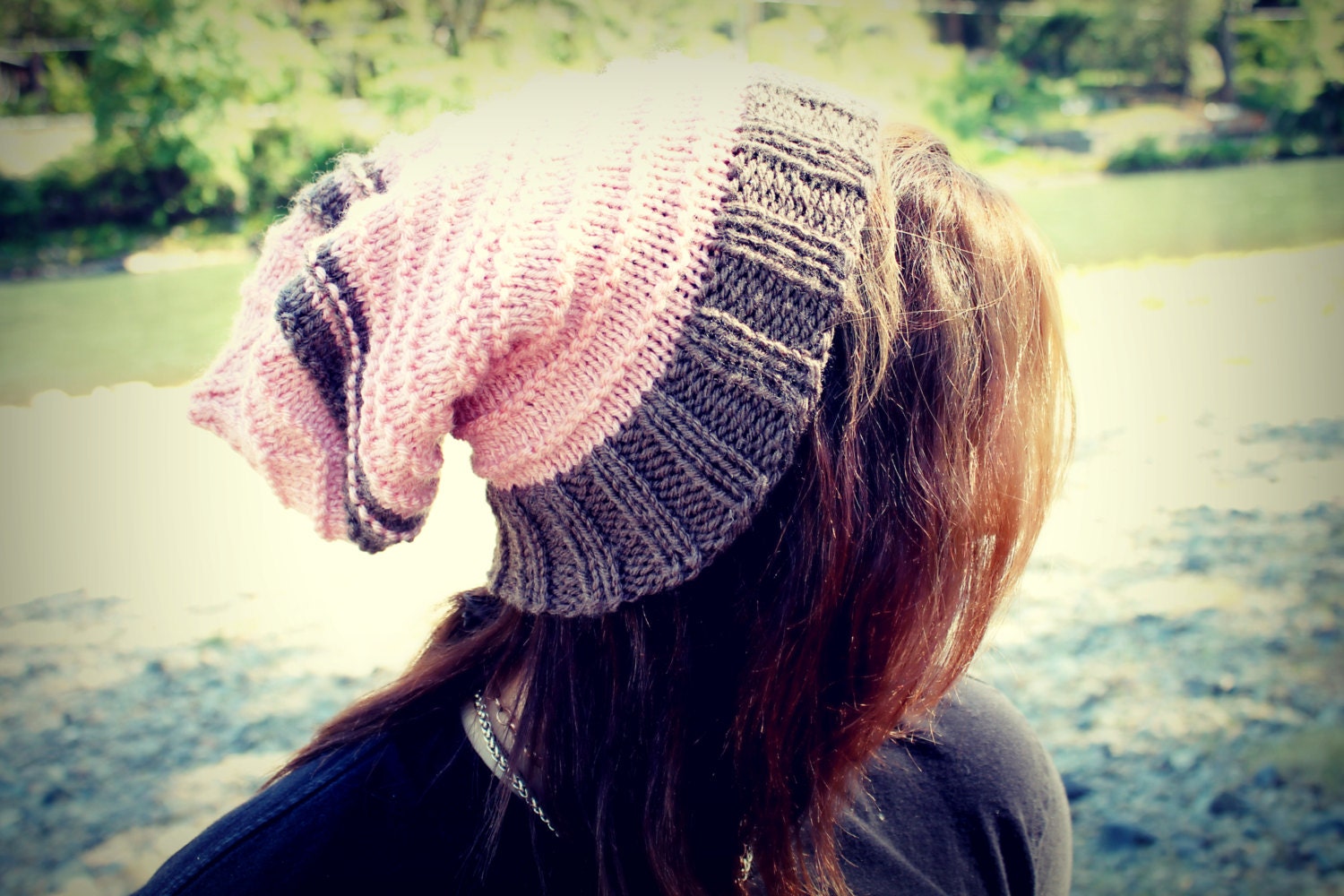 Pink and Brown Vegan Handknit Textured Slouchy Beanie
