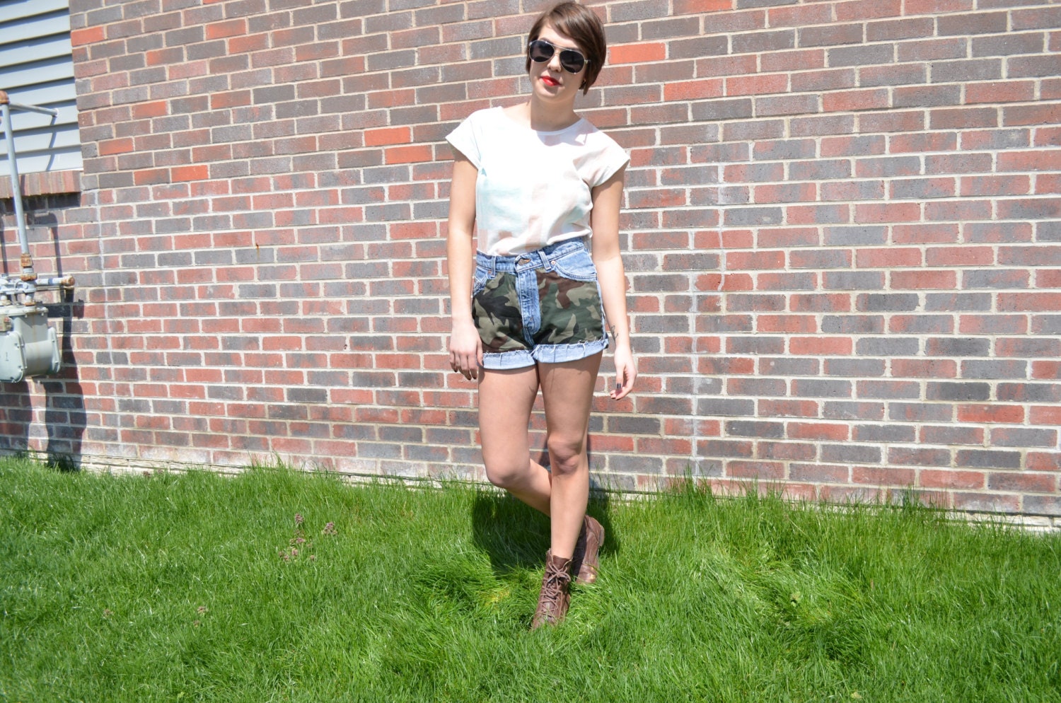 Army Girl- High Waisted Jean Shorts with Camo Fabric
