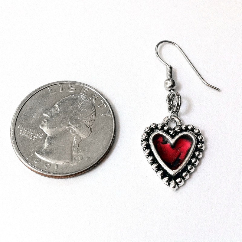 Red Heart Earrings, Red and Black Jewelry, Gift for girlfriend, Rocker Style, Silver Heart Earrings
