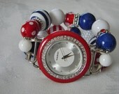 Red, White and Blue Chunky Beaded Watch Band and Face - Interchangeable