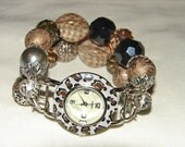 Brown, Grey and Black Chunky Beaded Watch Band and Cheetah Face - Interchangeable