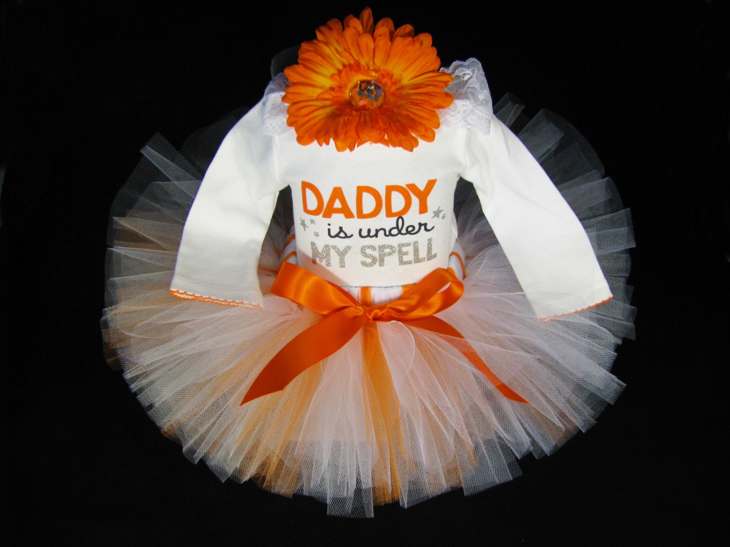 Babys First Halloween Outfit  " Daddy is Under my Spell " - Girls Halloween Tutu Bodysuit and Headband Set - Size 0-3 Months