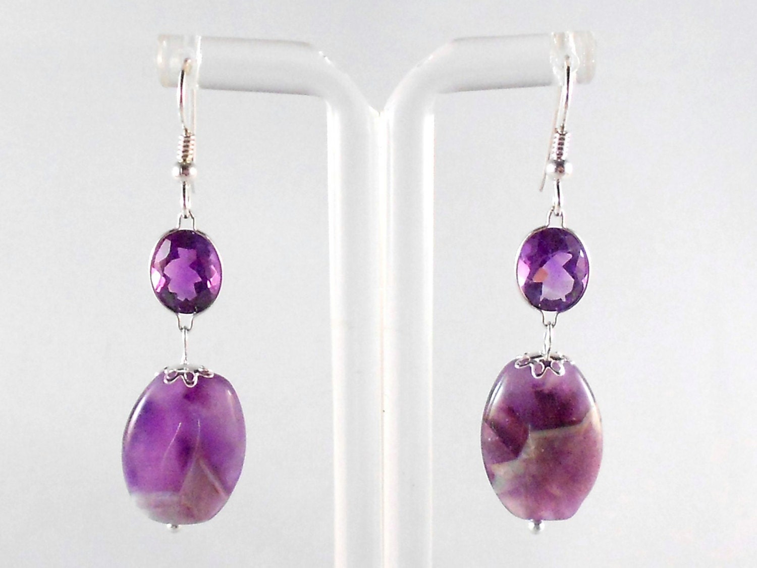 Dog Teeth Amethyst & Faceted Amethyst Sterling Silver Earrings