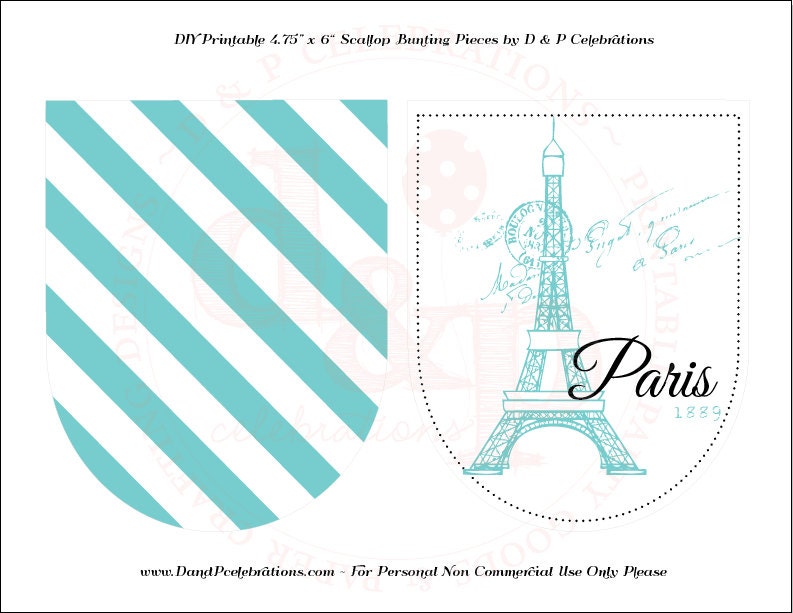 DIY Printable Paris Scalloped Bunting Pieces in Aqua