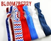 6 pcs Elastic Knotted Hair Ties - Patriotic Glitter and Chevron, Red, Royal Blue, White and Navy- Memorial's Day/4th July-Toddler to Adult