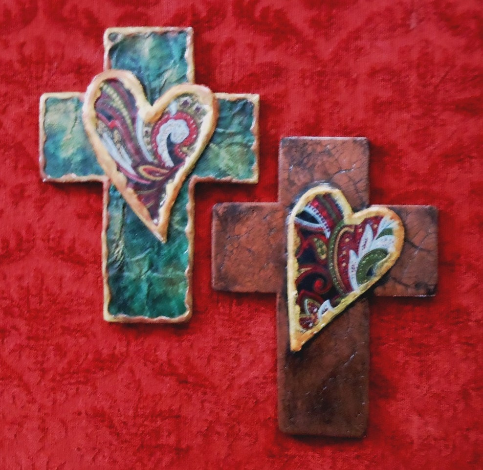 SALE Crackled cross with paisley heart Valentines day OOAK mixed media decoupaged