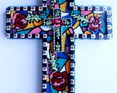 Hand painted framed found object mirror pieces raised glazed varnished OOAK red rose wood cross