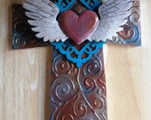 OOAK faux metal found object wood winged heart wall cross