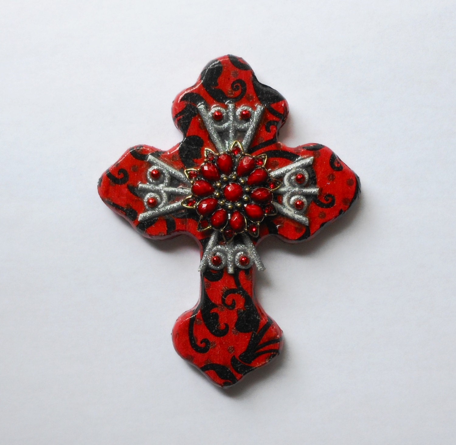 ooak recycled hand painted decoupaged found object wall cross