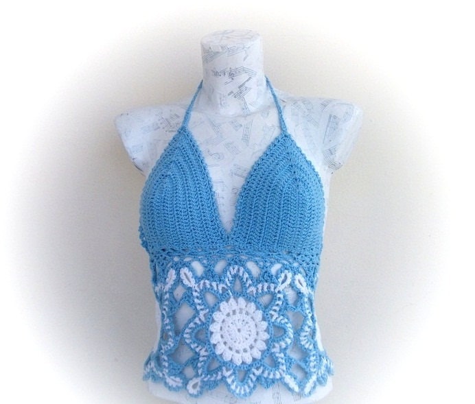 Blue and White Crochet tank top - Summer-Crochet Hippie Fringe Halter Top