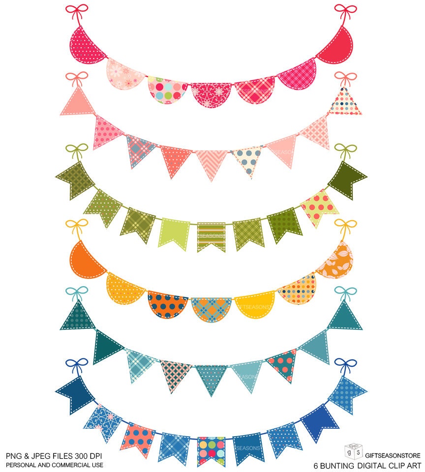 6 Bunting Digital clip art for Personal and Commercial use -  INSTANT DOWNLOAD