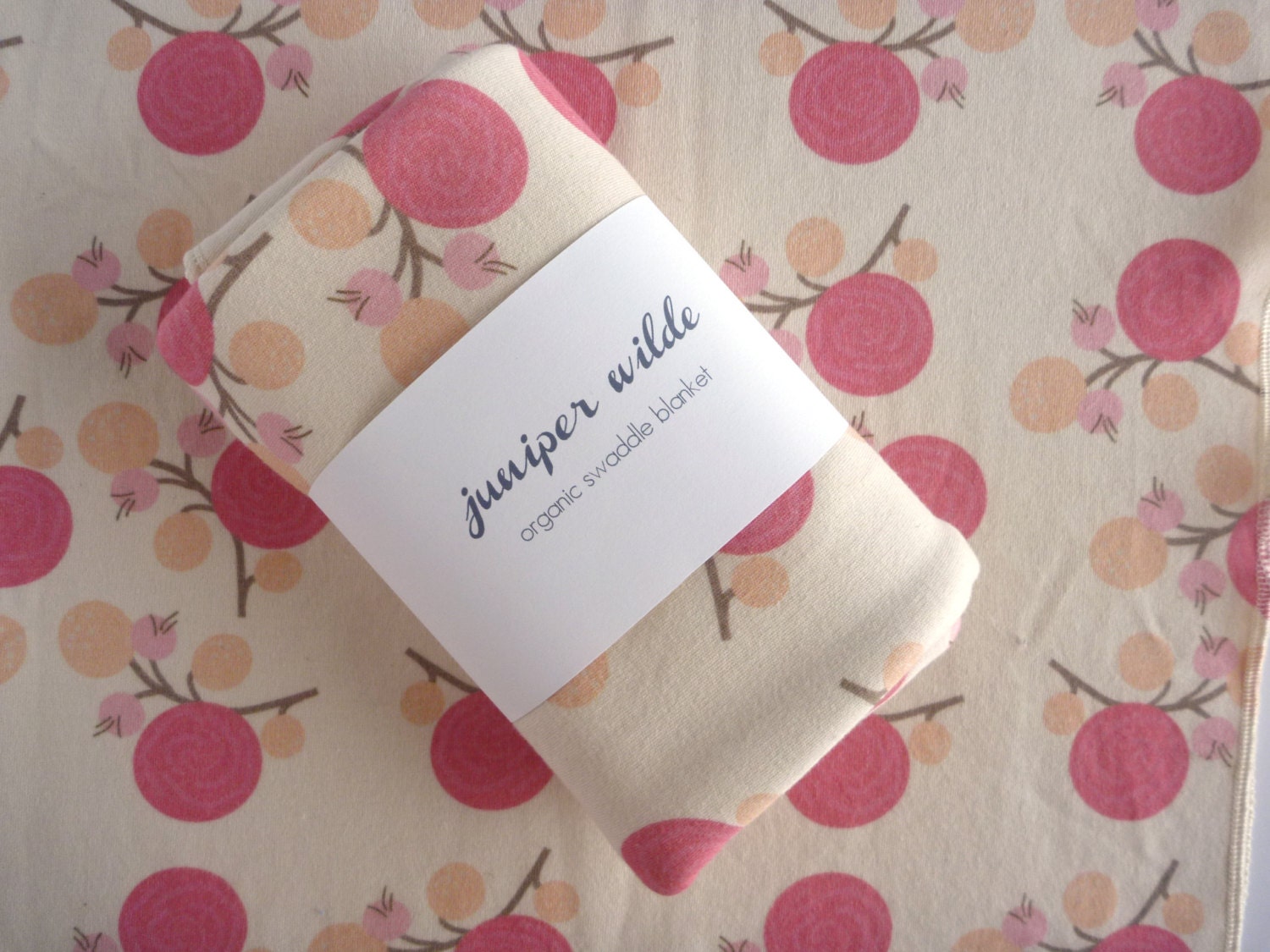 ORGANIC Baby Blanket Blush Pink Ranunculus & Berry Print Jersey Swaddle Large