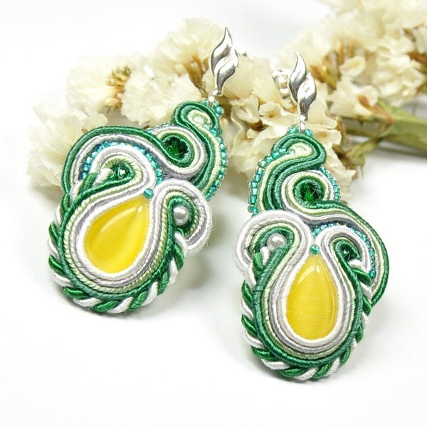 Soutache Earrings. Hand Embroidered Soutache Earrings. Soutache. Soutache Jewelry. Green and Yellow Earrings.