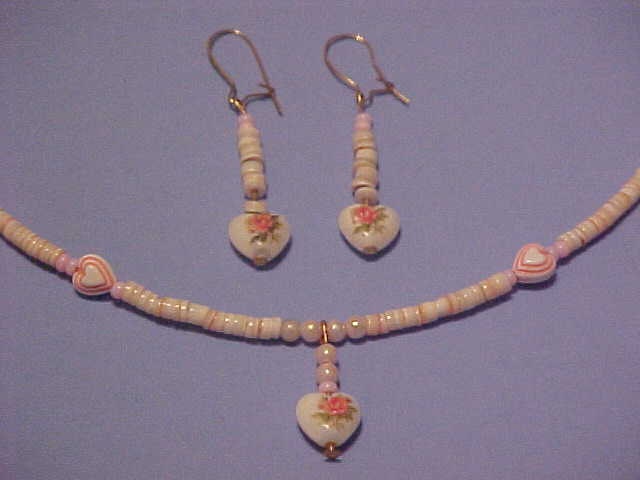 Vintage 1970's Hawaiian Handmade Jewelry Necklace Earrings Set Victorian Heart pink coral flowers shells pearls beads Aloha cruises pearls
