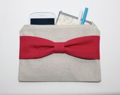 Makeup Bag / Zipper Pouch - Linen with Hot Pink Bow