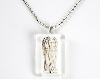 Weeping Angel Necklace, Doctor Who Glass Tile Pendant Necklace, Geeky Jewelry