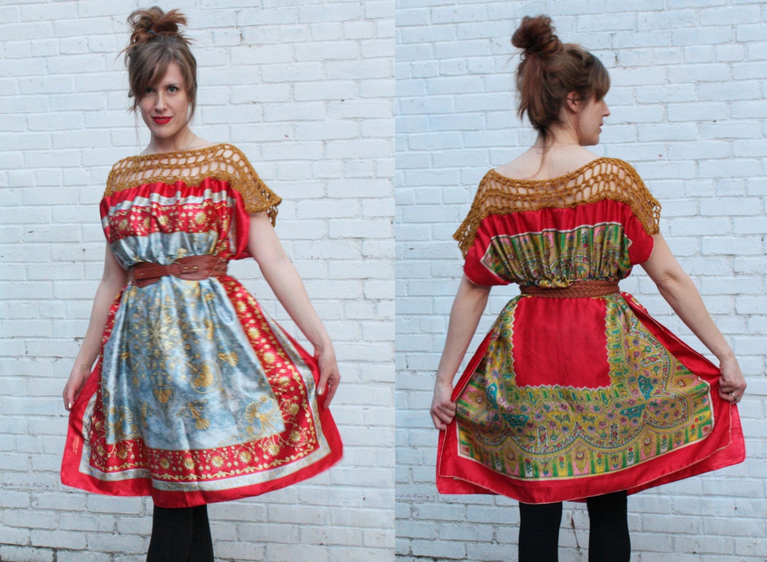 handmade caftan dress in vintage red silk prints. two in one tunic dress for women ready to ship size medium to large and one of a kind
