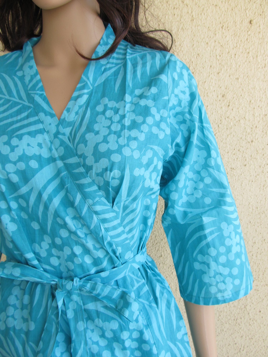 Kimono style robe. Spring Summer Collection. Teal two tone. pure cotton. Ideal as loungewear, beach, swimsuit cover up, bridal - SunsetToSunrise