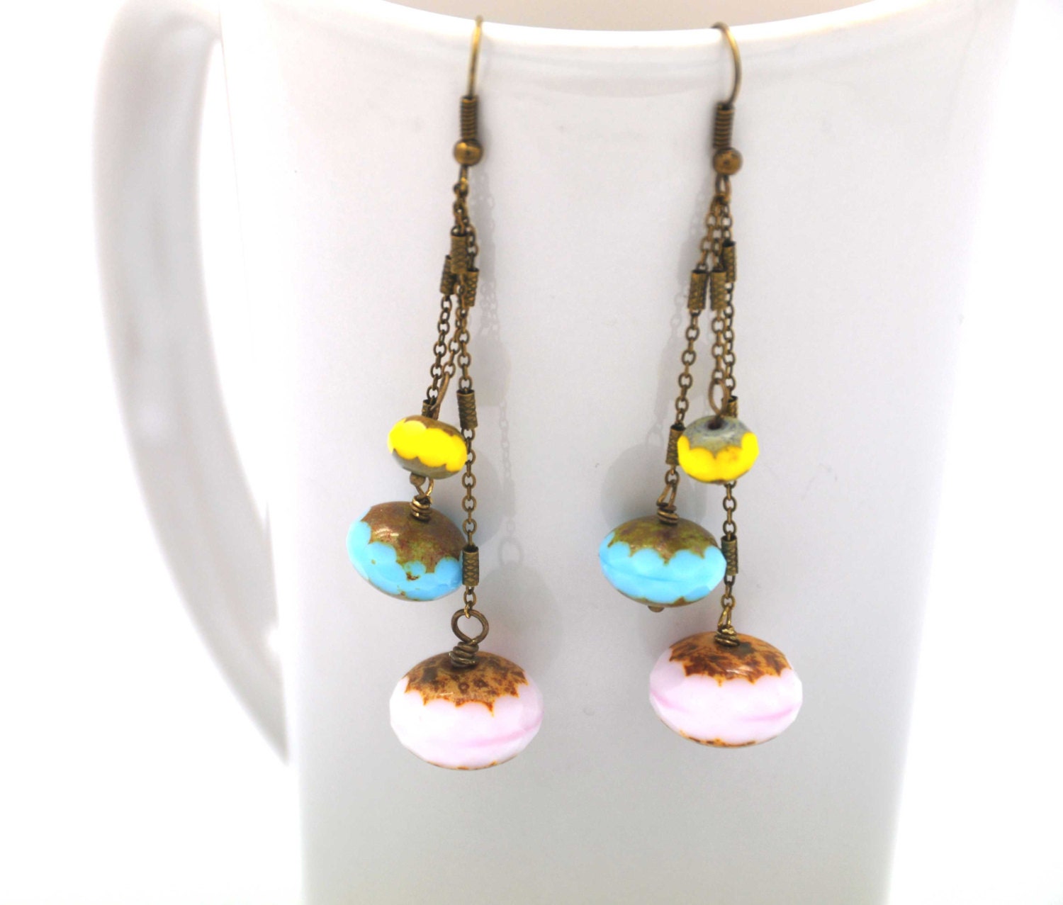 Sweet Spring Dangle earrings made with pink, blue, yellow rondelle faceted czech glasses and a delicate antique brass chain - BBTAR