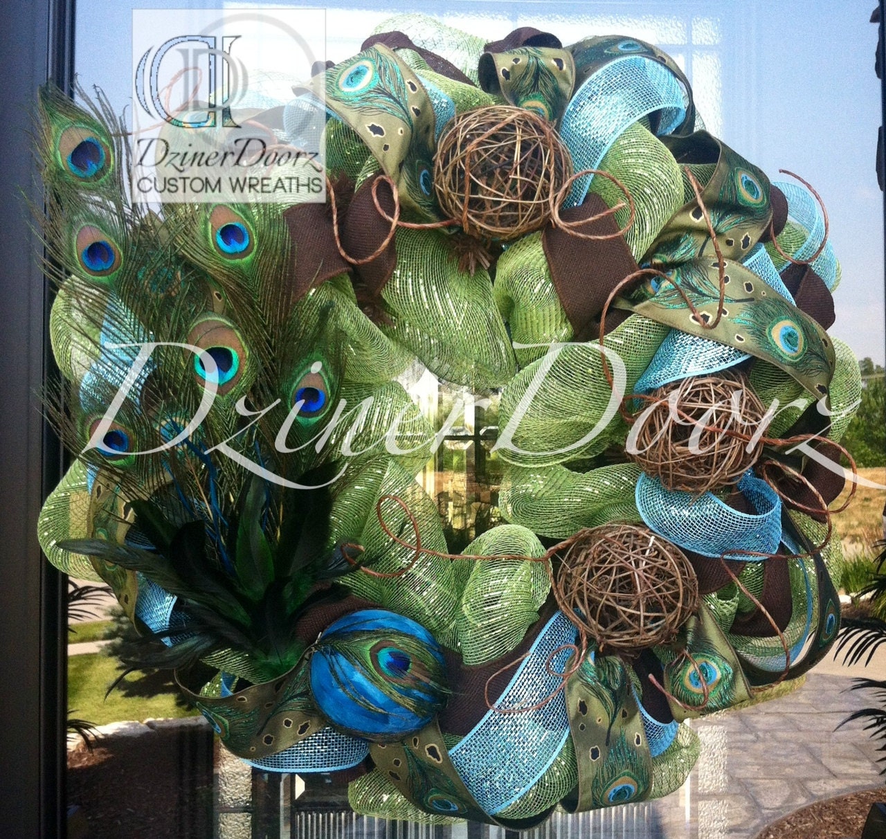 Peacock and Twig deco mesh Wreath