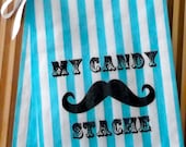 25 Moustache Turquoise Blue Striped " MY CANDY STACHE" candy buffet bags, children's party, wedding cake bags,candy station bags, favor bags