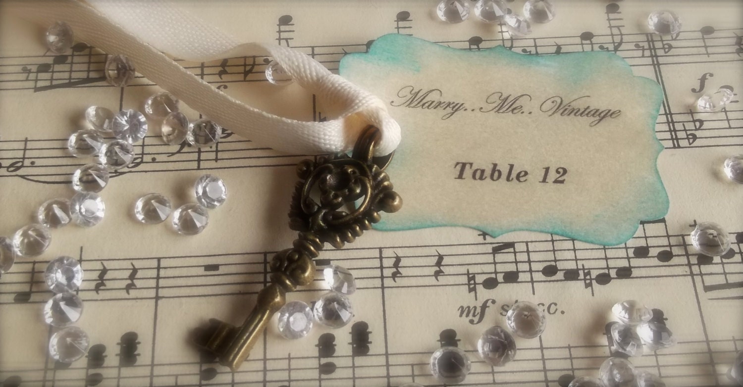 Aqua Blue Personalized Vintage Wedding Escort Cards - Skeleton Key Place Cards/Name Cards x 100