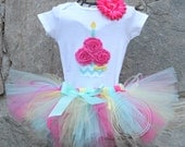 RAINBOW SORBET Set--Birthday Girl Cupcake Onesie and Tutu Skirt Set with Free Flower Clip, Newborn,1st, 2nd, 3rd, 4th, 5th Birthday