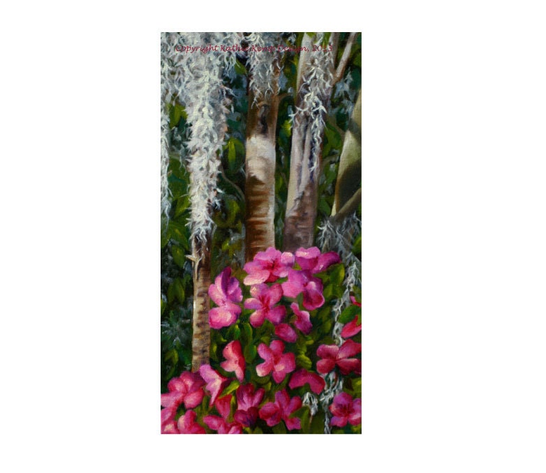 Spanish Moss, Trees, and Pink Azaleas in Oil Landscape, Reproduction, Southern Forest, Gray, Rose, Fuschia, Violet, White, Deep Green