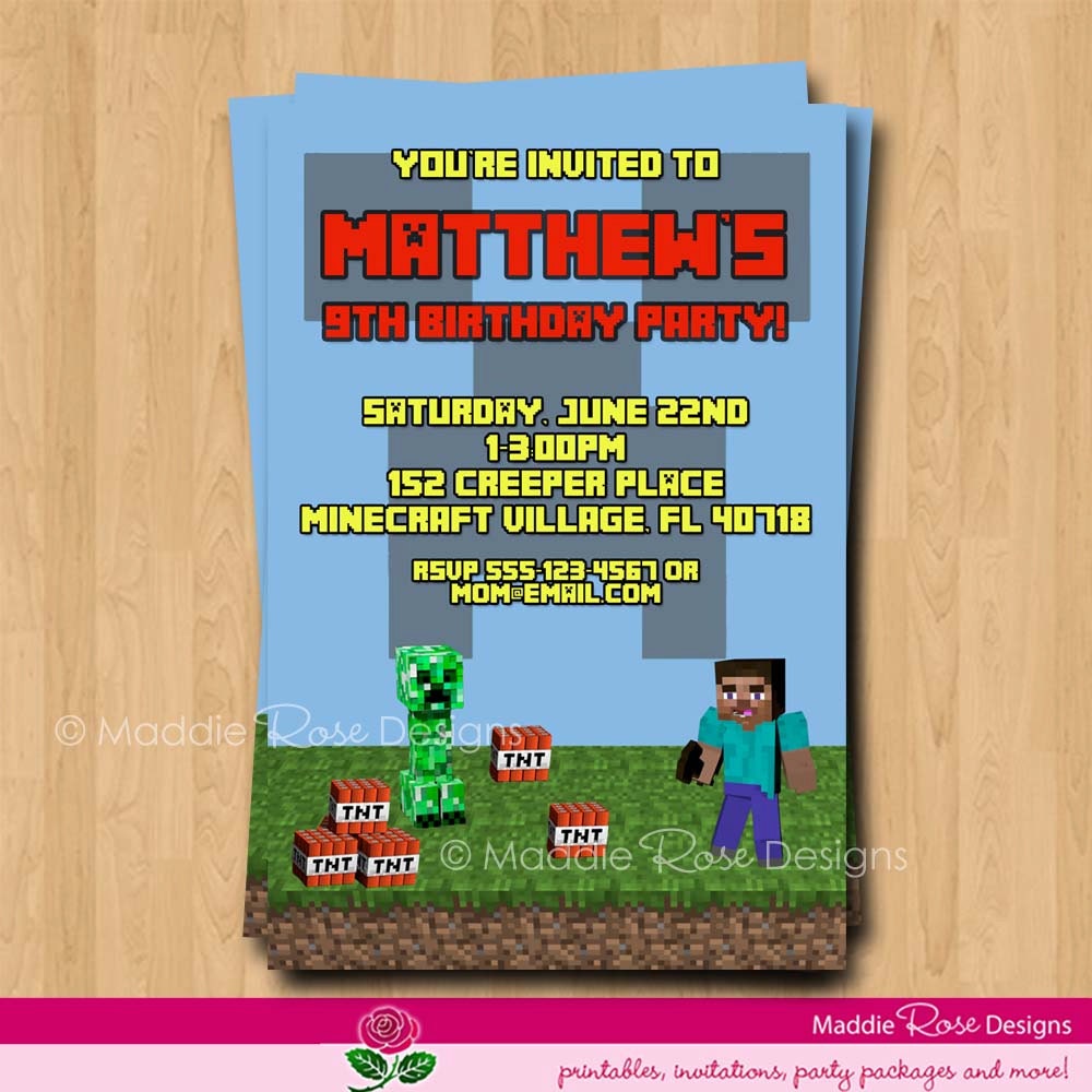 Minecraft Invitation, Printable Minecraft Birthday Invitation Party You-Print Custom Personalized Digital Photo Card 4x6 or 5x7 Invite