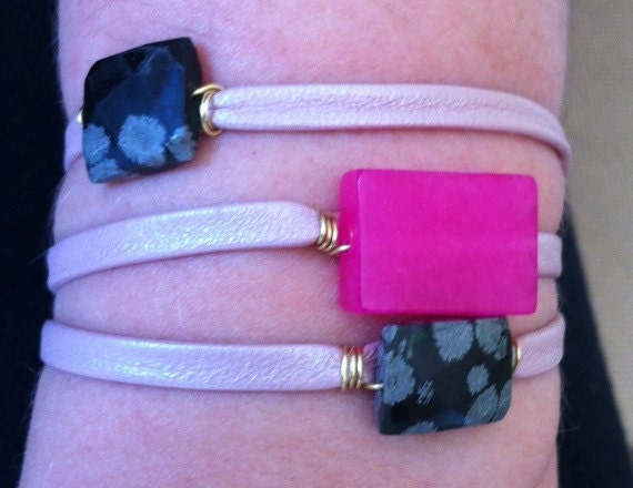 Leather Wrap Bracelet with Semi-Precious Stones - Fuchsia Chalcedony and Jasper