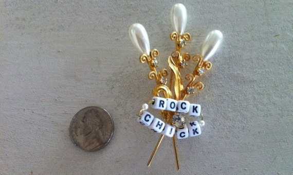 Gold and Pearl Vintage Floral Pin with "Rock Chick" Words
