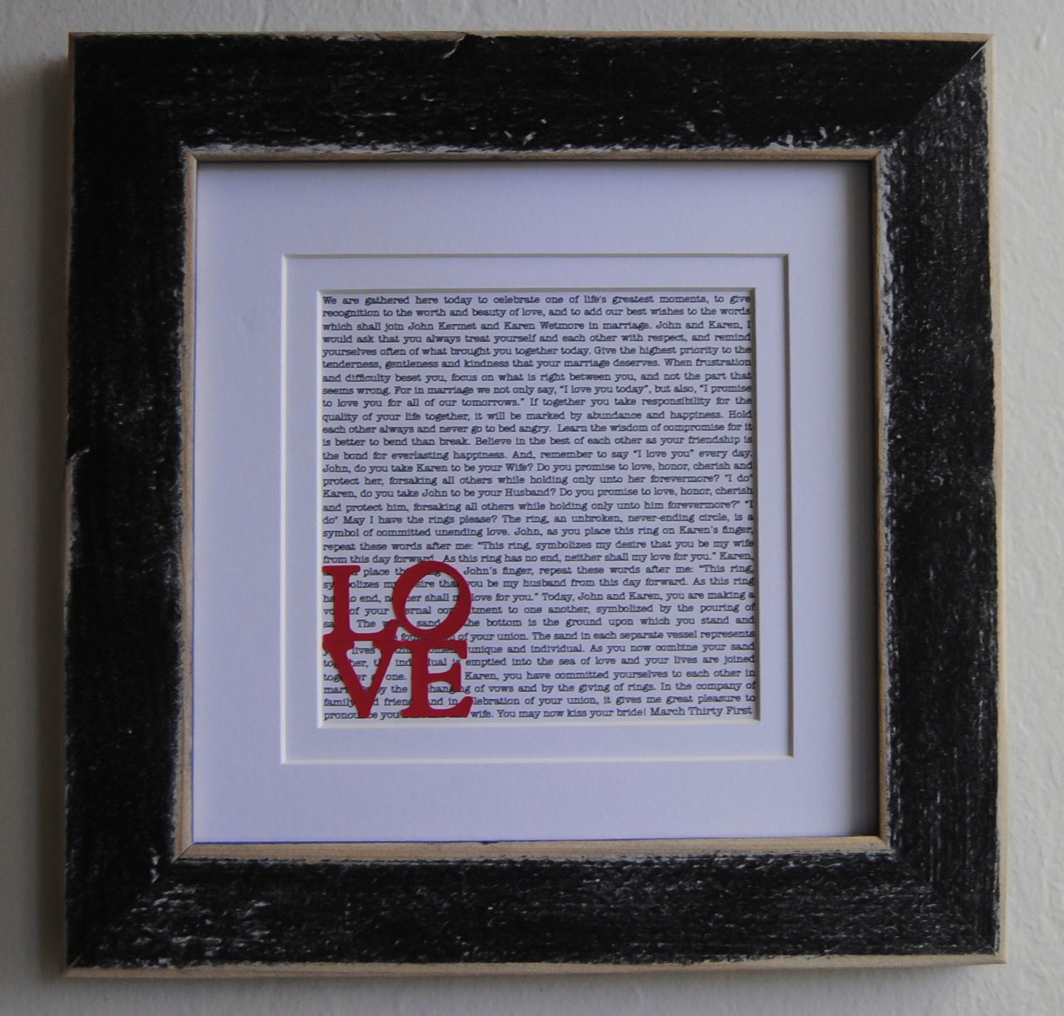 Wedding Vow Art/ Printed Wedding Vows/ Framed Wedding Vows/ Personalized Gift/ Custom Anniversary Gift/ philadelphia LOVE frame (8x8)