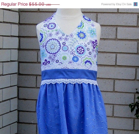 Long Spring Maxi Dress Girl's Tie Halter Purple Blue Lime Green Floral Cotton Fabrics and Indigo Blue Eyelet Size 6 Children's Clothing