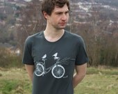 Grey Mens T-shirt hand screen printed on Organic cotton with eco-friendly inks. Two Birds taking a ride on their bike