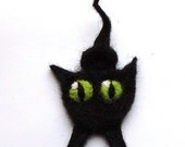 Felted cat brooch, needle felted wool cat, black with green eyes
