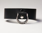 Leather Bondage Collar - Black Latigo - Steel Lead Ring with Feather Motif & Ebony Shadow - Nickel Fasteners