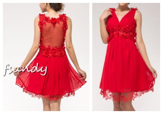 Customized  red chiffon short dress, evening gown , bridesmaid dress ,party dress