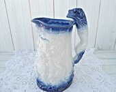 Vintage Burleigh Ware Ironstone Pitcher Dog Handle - Cobalt Blue and White Pitcher Vase Signed