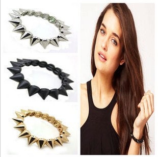 Goth Spike Bracelet - Golden/Silvery/Gun Black/Bronze Spike Spiked Stud Rivets Plastic Light Metal Elastic Bracelet Bangle Rock Punk