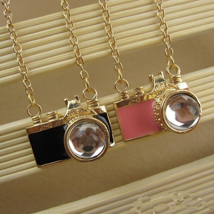Camera Necklace- Miniature 3D Pink/Black Small Golden Camera FM2 Rhinestone Lens Metal Steampunk Necklace, Camera Jewelry, Photographer Gift