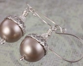 Silver Acorn Swarovski Champagne Pearl Bridal Wedding Drop Earrings