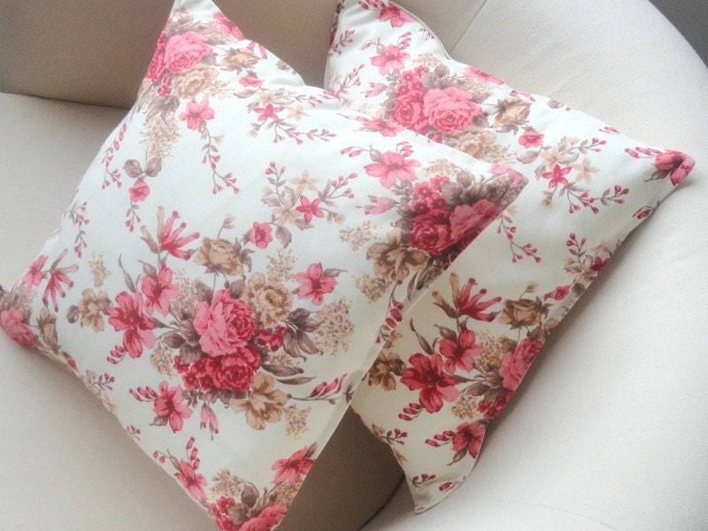 Pink  and beige, brown, Floral Sofa Pillow Cover 16x16 inch. Set of Two Decorative  Throw Pillow Cover Couch Cushion Cover
