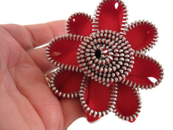 Red flower brooch - Womens Zipper pendant - Ladies sweater pin - Recycle Upcycle Repurposed - Womens jewelry Cyber Monday