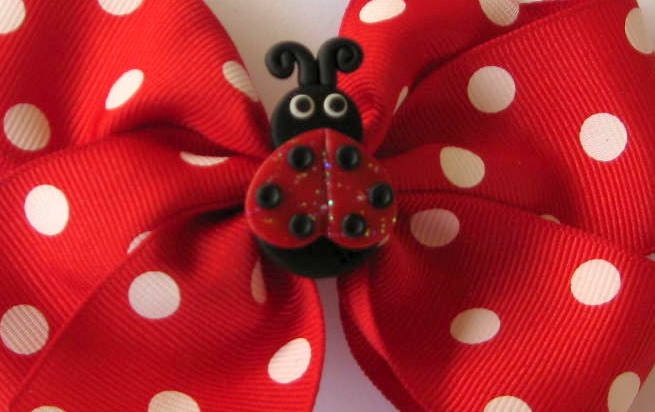 Ladybug hair bows, Cute girls boutique bow, red with white polka dots grosgrain ribbon, polymer clay center, pinwheel loopy hairbows, preppy