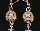 Bullet 9mm Ammo Dangle Earrings with Sterling silver cross Charms-from the "Guns and Grace" Collection- Free U.S. and Canada Shipping