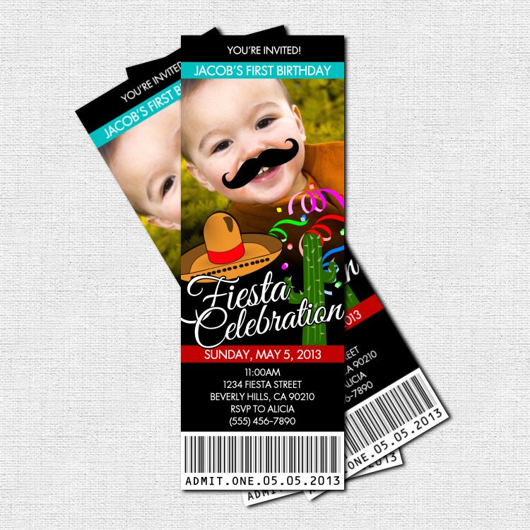 FIESTA TICKET INVITATIONS Birthday Party Mustache Cinco de Mayo Celebration - (print your own) Personalized Printable