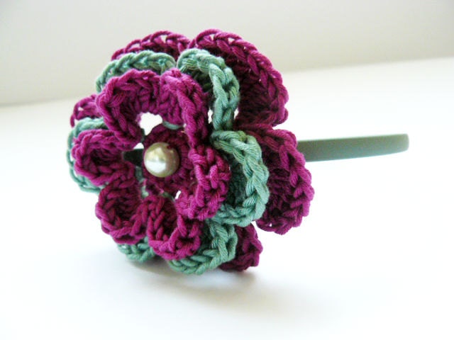 Purple, green headband, crochet flower, hair accessory, women, girls