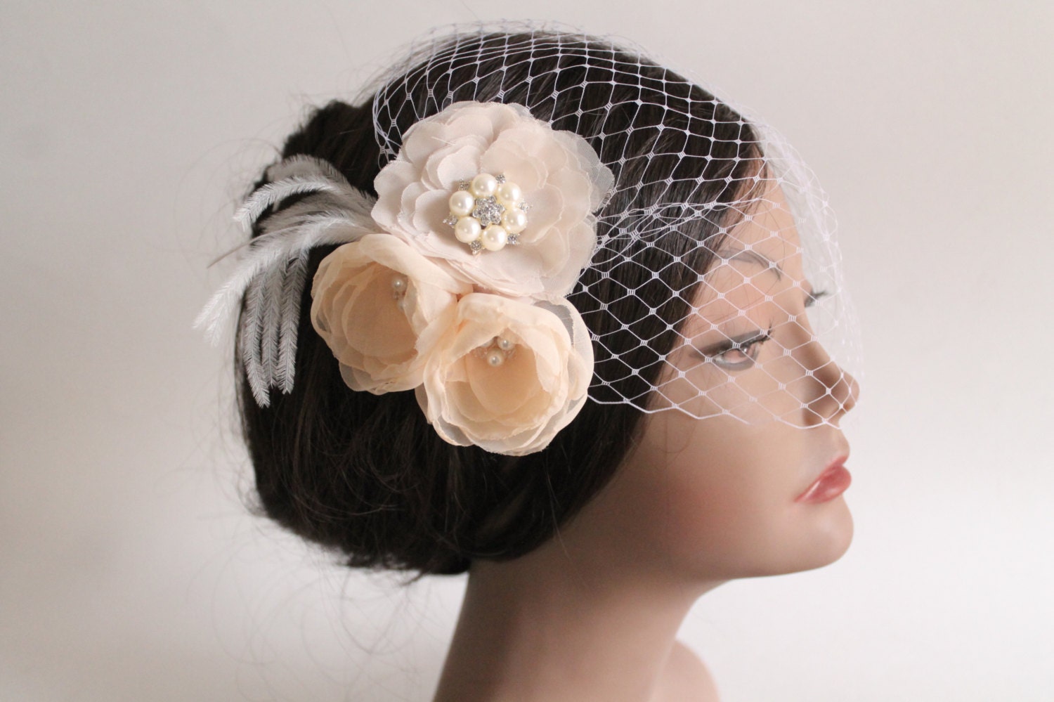 Birdcage Bandeau Veil, Ivory Cream Flower Birdcage Veil and Fascinator, Wedding Head Piece, Wedding Accessories, Ostrich Feathers and Pearls