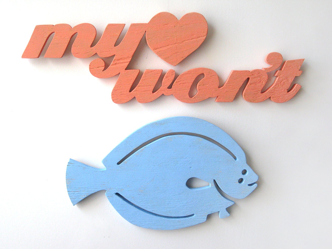 My love won't flounder.  Valentine, anniversary gift, humorous, heart, beach, romance, cottage chic, whimsical, wood, handmade, wall art