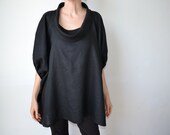 Black linen smock top tunic. Plus size and maternity, scoop neck, sleeves. One size fits all.